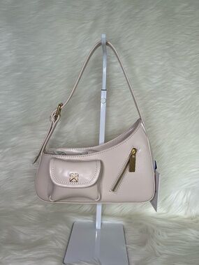 Off-White Cream Shoulder Bag with Front Pocket and Gold Hardware